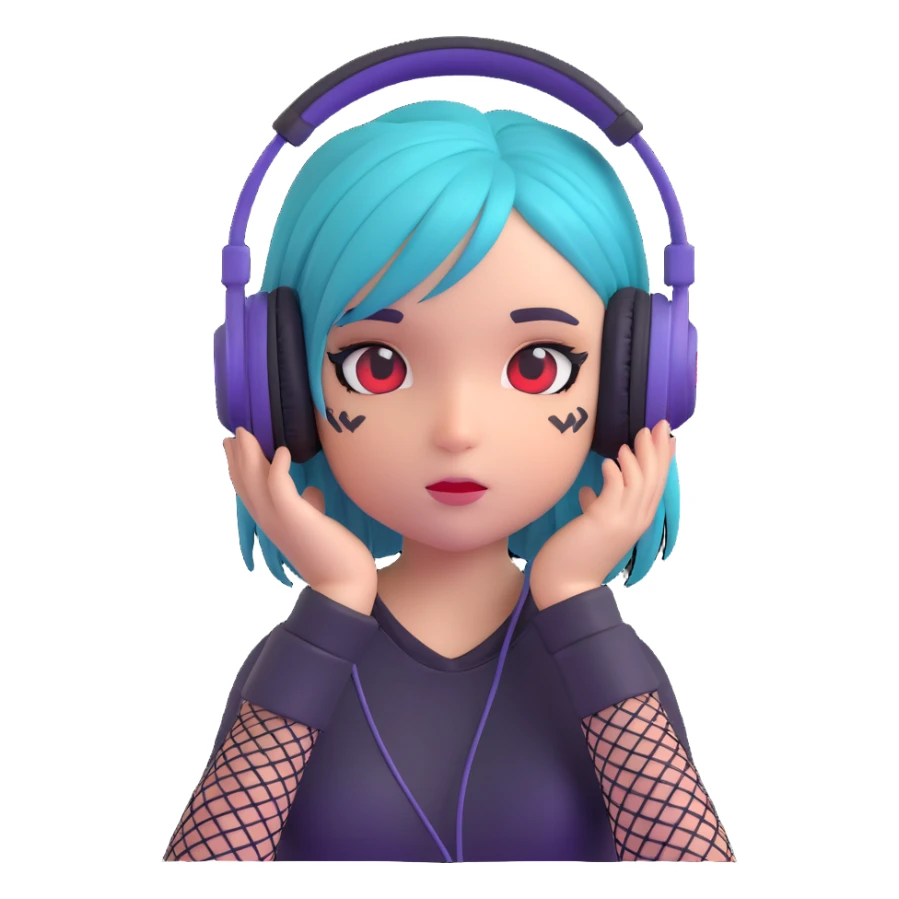 emo girl, fishnet sleeves, dyed hair with streaks, headphones, shy expression, modern emoji style sticker