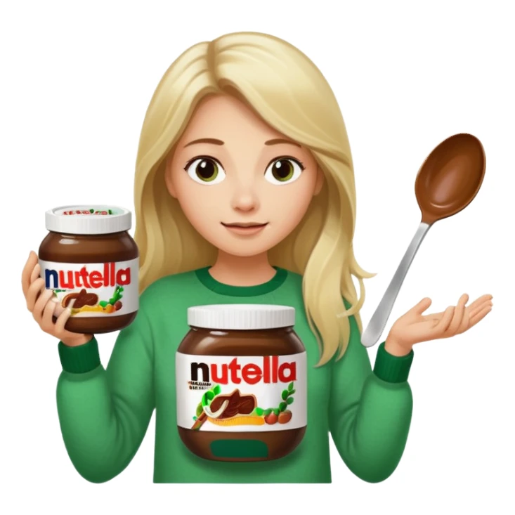 Blond woman with white and green pullover holds in one hand a big carriage of Nutella and in the other hand a oversized spoon which is inside the jar of Nutella. Her hair is long. And the Nutella jar is very big sticker