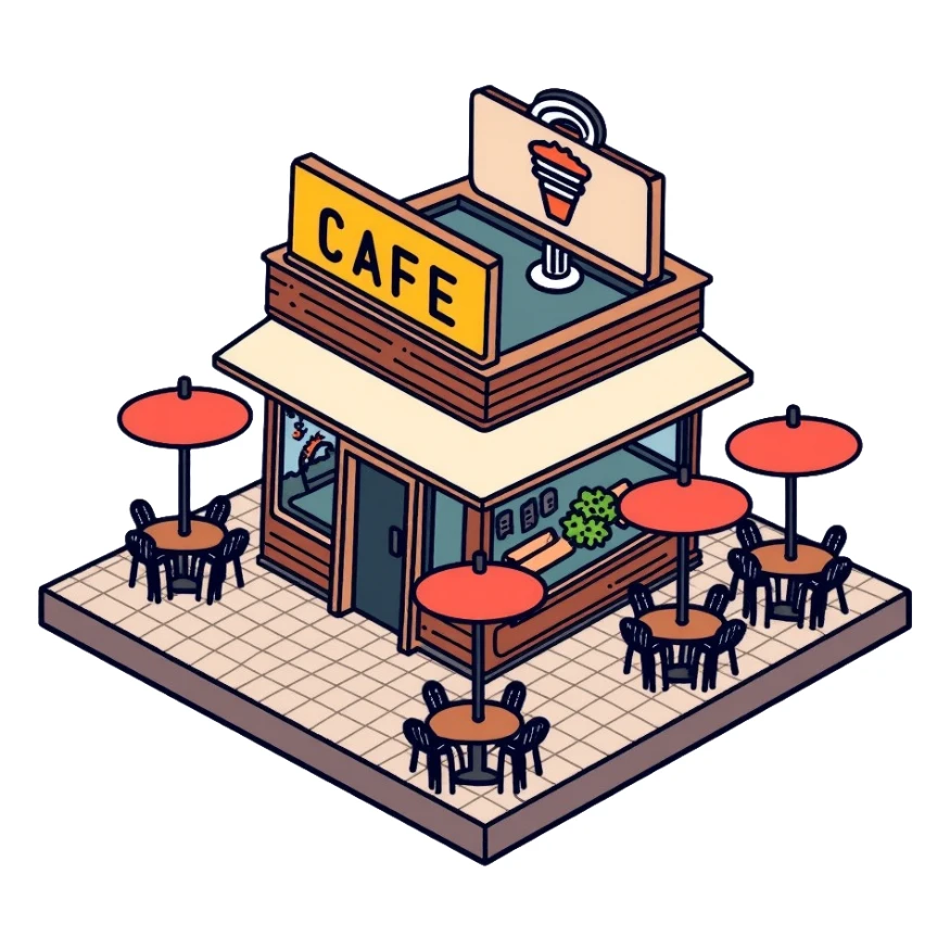 isometric corner cafe shop with outdoor seating and umbrellas sticker