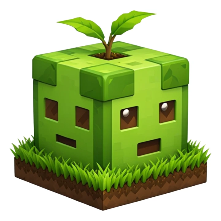 A 3D Apple-style emoji of a Minecraft grass block, cubic shape, with bright green grass on top and brown soil with pixel texture on the sides, simple and cute cartoon design. sticker