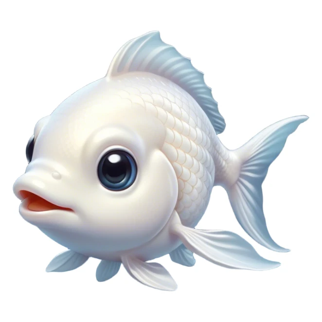 Cinematic Cute White Goldfish Portrait Emoji, Head tilted playfully and inquisitively, featuring a glossy, pure white body with delicate, shimmering scales and round, sparkling pale eyes filled with curiosity, Simplified yet irresistibly adorable features, highly detailed, glowing with a warm, friendly glow, high shine, affectionate and lively, stylized with a touch of whimsy, bright and endearing, soft glowing outline, capturing the essence of a mischievous yet loving goldfish, so playful it feels like it could swim out of the screen and into your heart! sticker