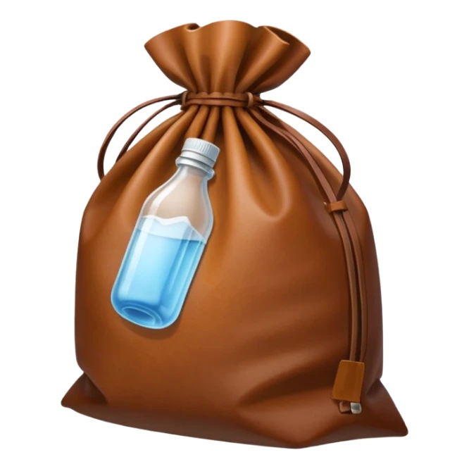 white transparent plastic bottles popping out of a leather brown bundle bag sticker