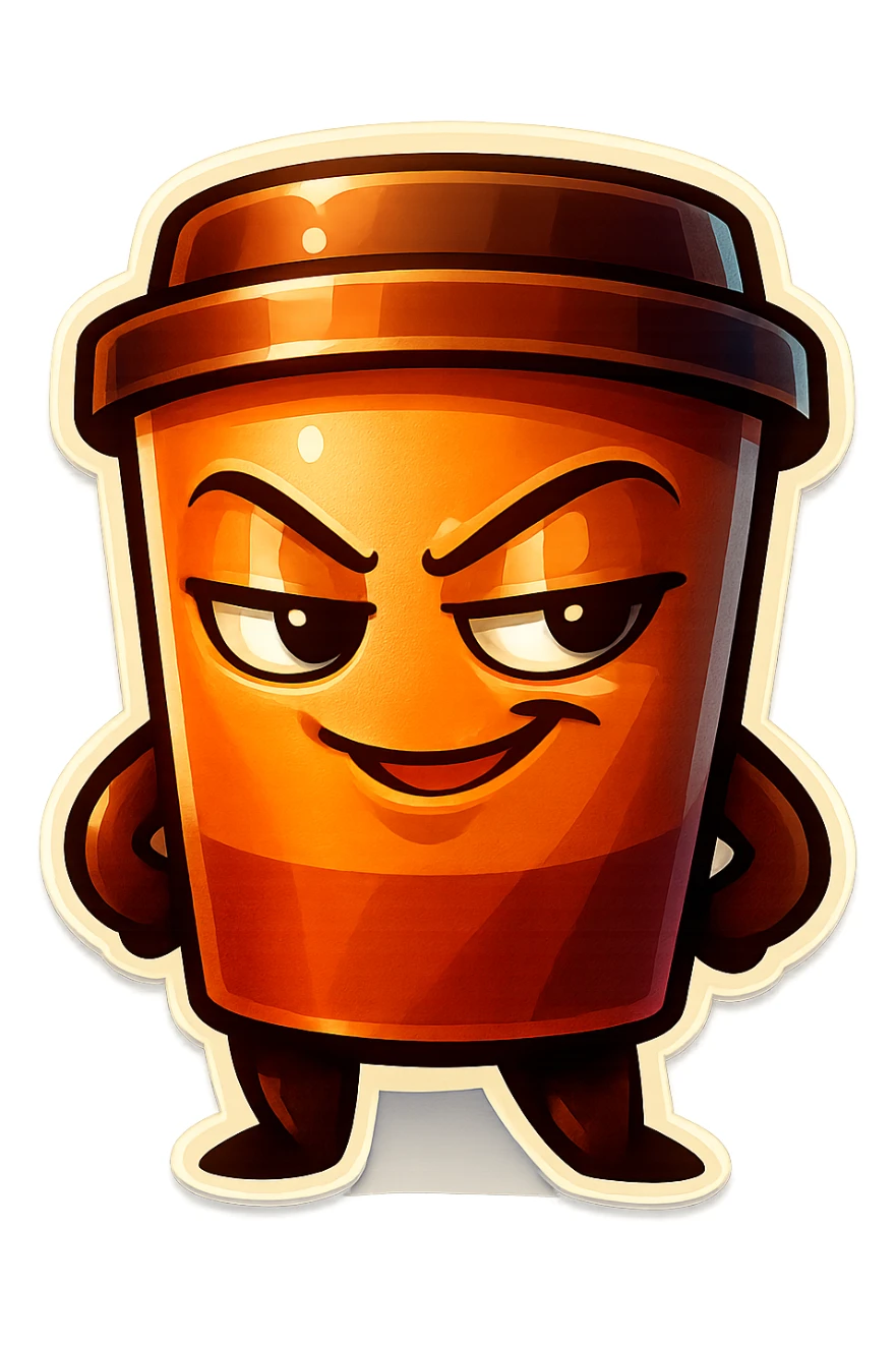 Tall coffee cup, dramatic, naughty flirty, smirking sticker