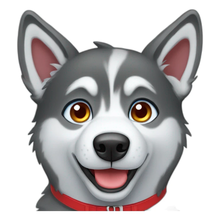 Husky with blue eyes and a red collar sticker