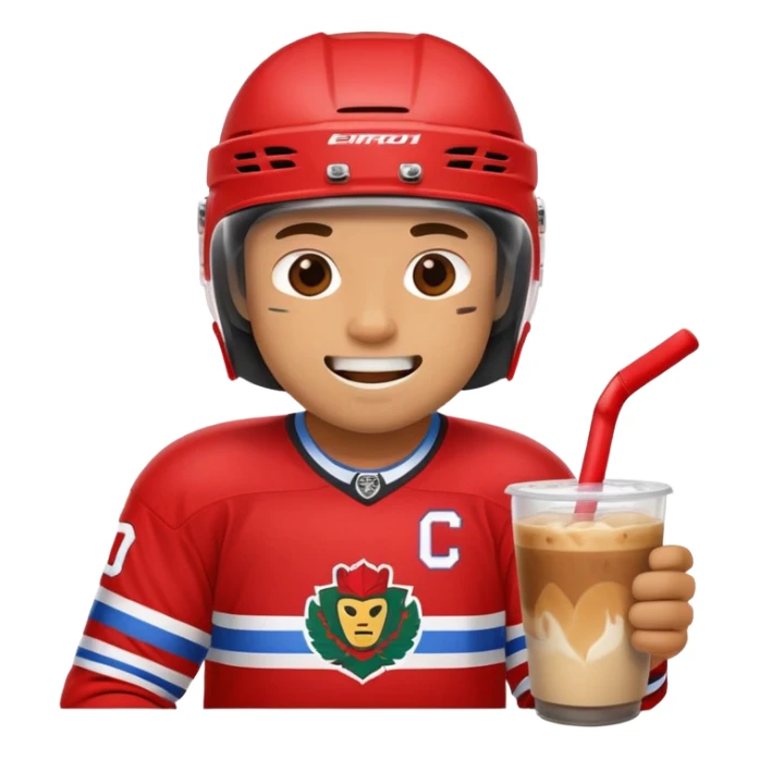 hockey player wearing red drinking an iced coffee wearing a helmet with missing teeth   sticker