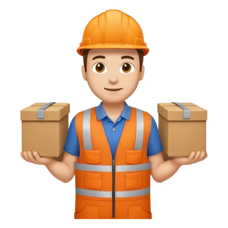emoji style railway engineer full body in orange overalls, carrying a box with both hands sticker