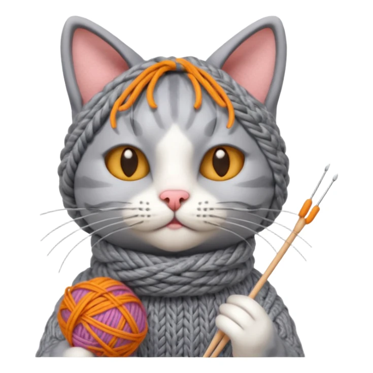 knitting cat portrait, head and shoulders only, cute cat holding knitting needles and yarn, cozy expression, warm handmade vibe, 3D cartoon style, mobile game icon style, clean background, no text, no watermark
 sticker