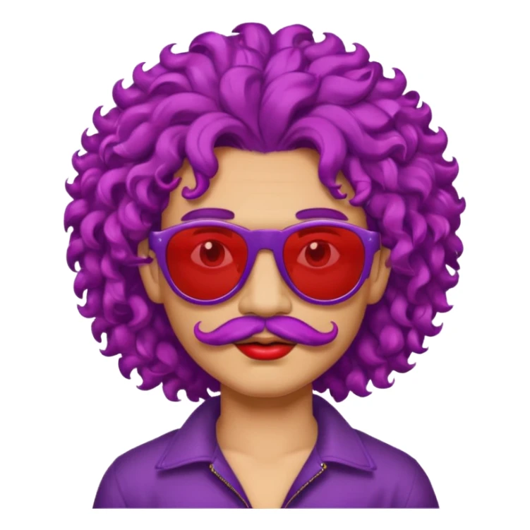 purple haired, curly big haired mexican boy with red sunglassess, vrey cool and lipstick and mstache sticker
