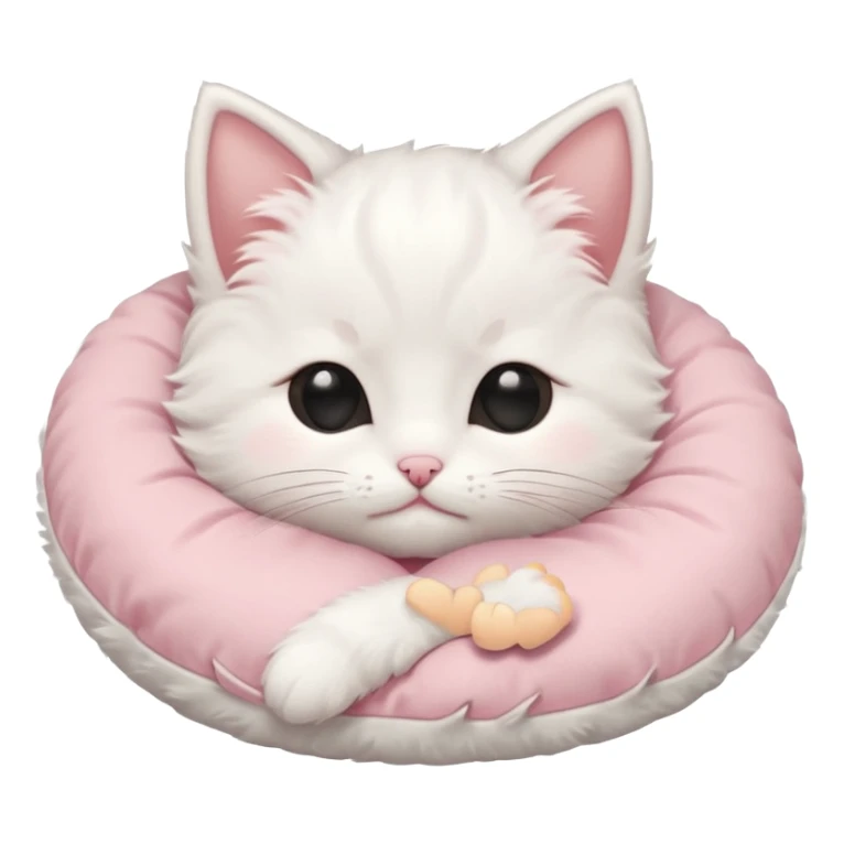 white fluffy kitten, blushing, cuddling a pillow, eyes shut in > < shape sticker
