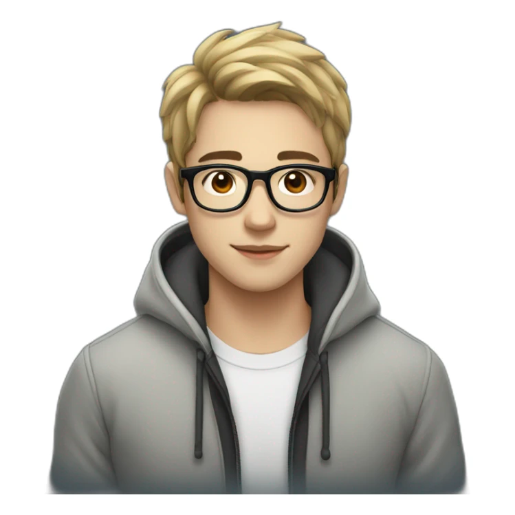 A beautiful student young man with black, medium hair and white skin, wearing round glasses and jacket sticker