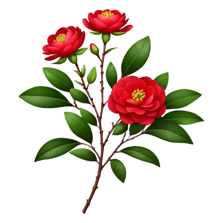 bouquet Red Camellia, luxuriant, stem, leaf, bud sticker