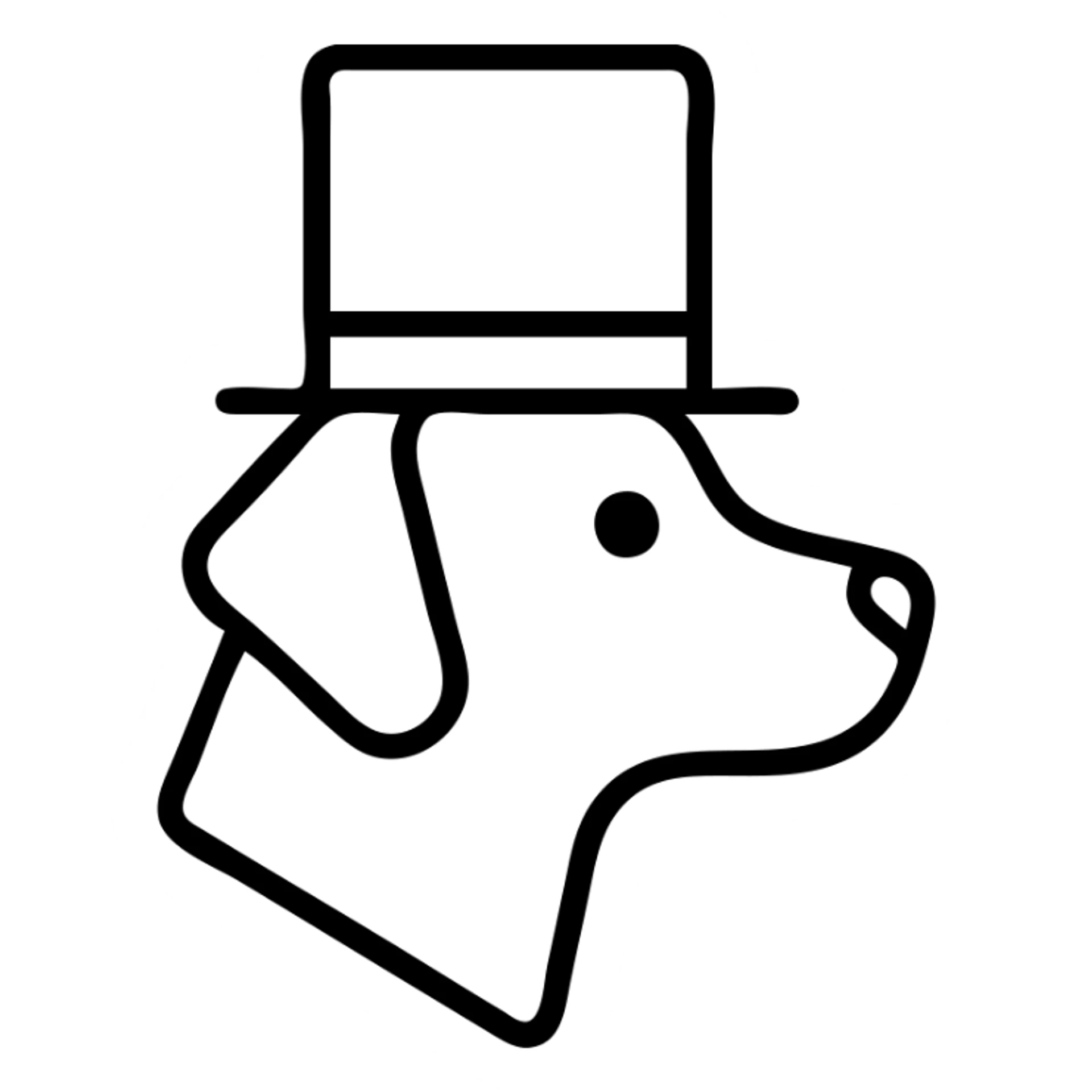 icon of a dog in a tophat, simple outline sticker