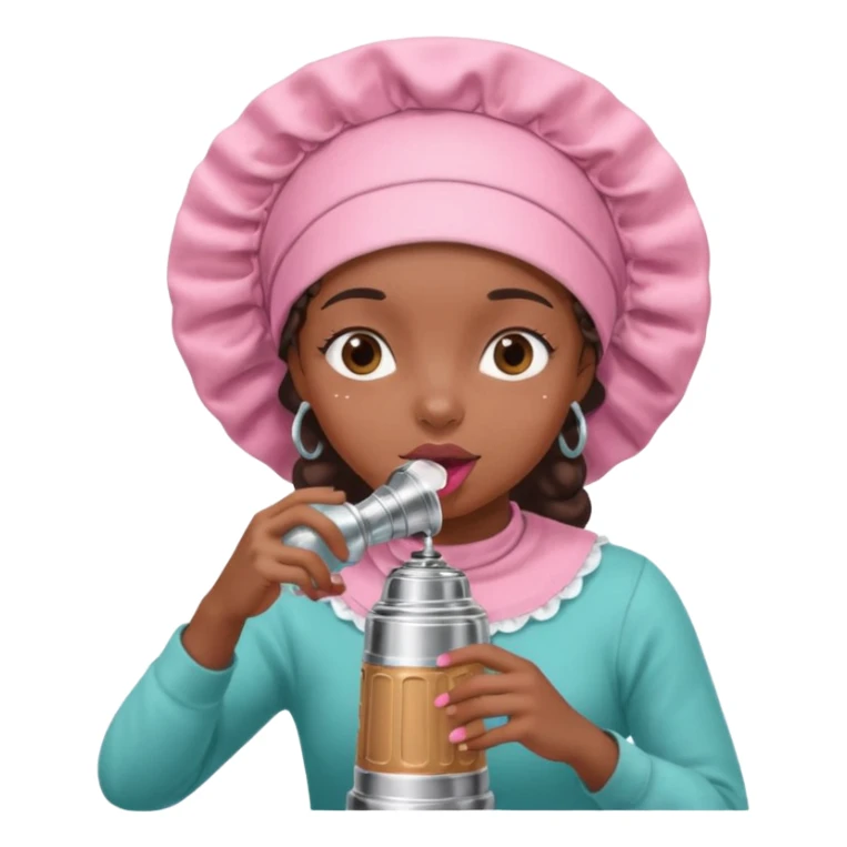 Black girl wearing a bonnet rolling her eyes while drinking out a Stanley  sticker