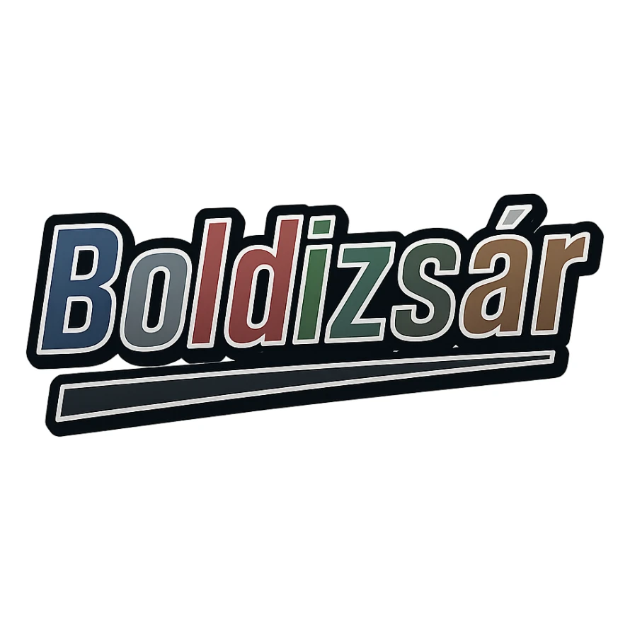 Text image of the name 'Boldizsár' in a masculine, modern, gradient font with precise Hungarian characters, dark contour, extra thick, prominent white letter outline as in reference images, dynamic slanted underline, masculine color shades including blue, gray, burgundy, green, and brown, 1000x1000 px, PNG, transparent background. sticker