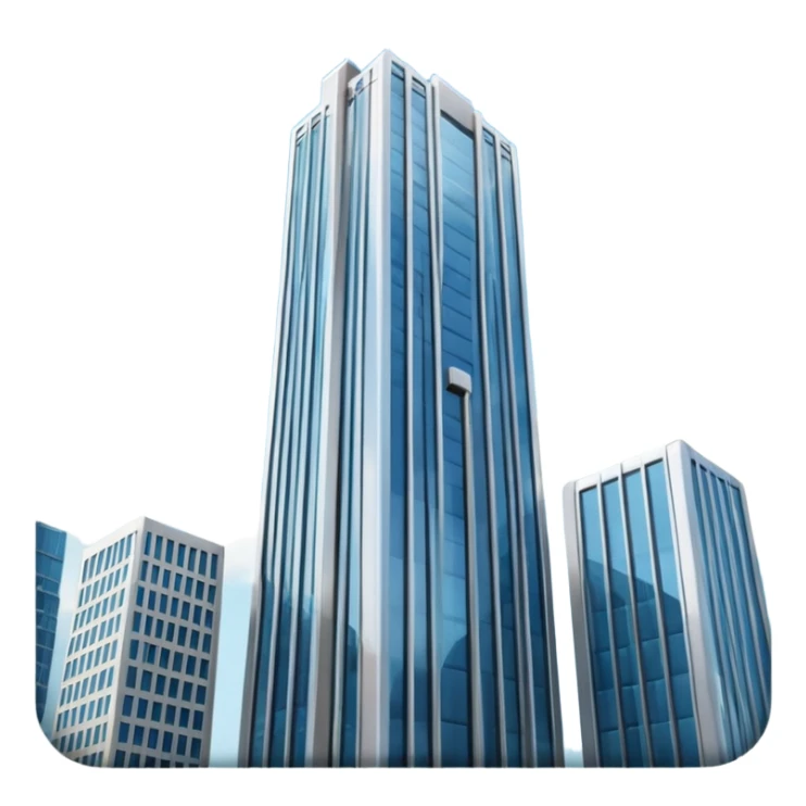 A 3D cartoon skyscraper reaching into the sky, clear blue background, soft sunlight, Memoji-style realism. sticker