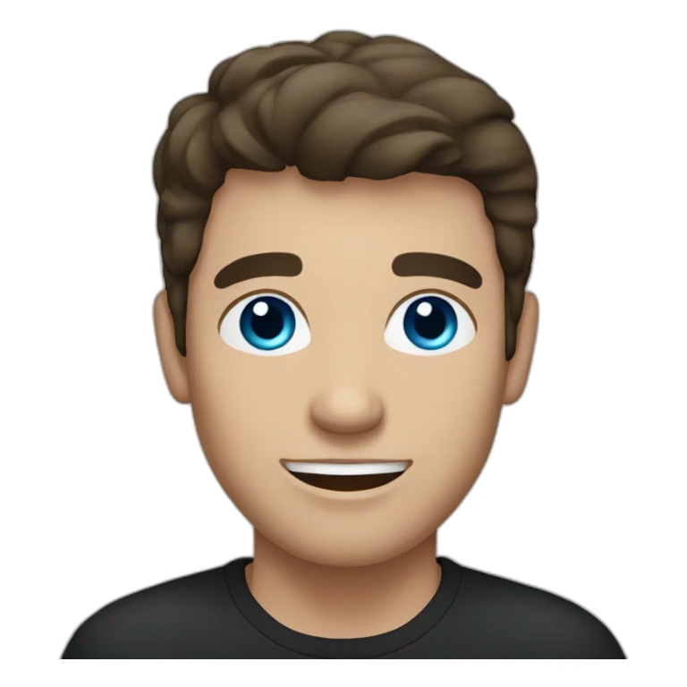 man with gray blue eyes, dark brown hair, black shirt sticker