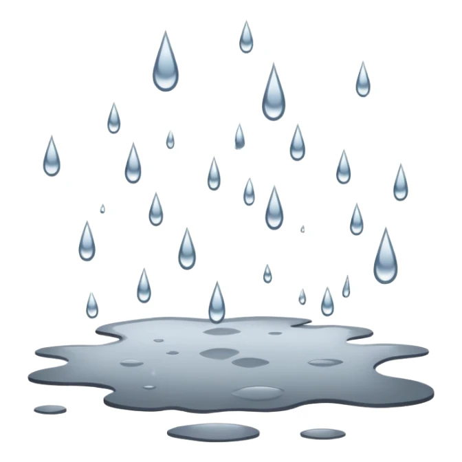 Raindrops falling from the sky, creating ripples on puddles and wetting surfaces. The atmosphere is grey and cloudy, with a soft, steady rain showering down sticker