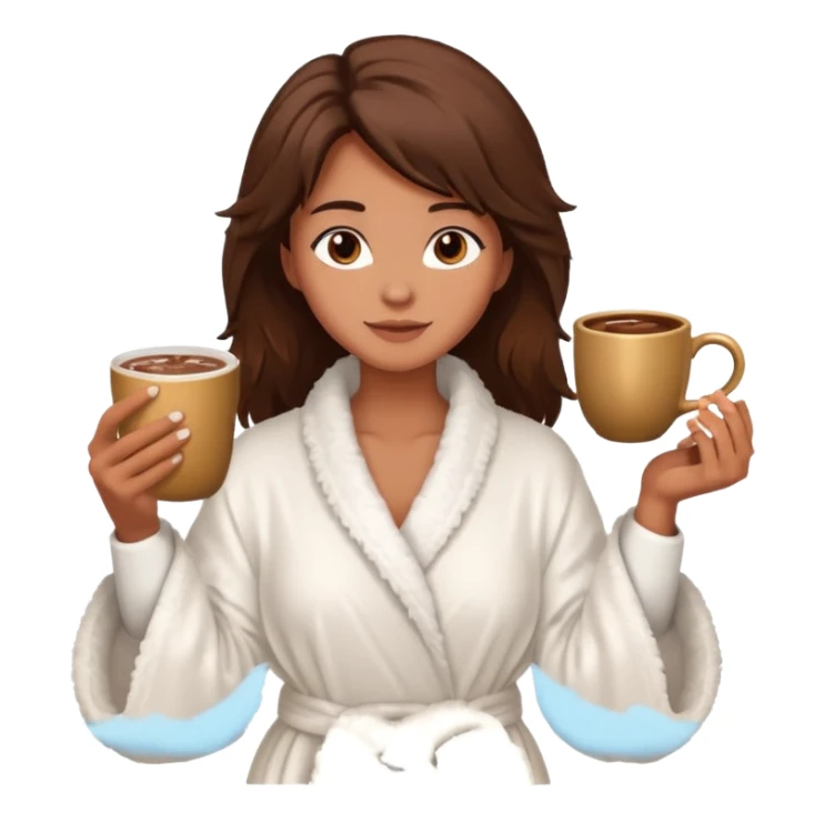 {
      "type": "human",
      "look": "fluffy robe woman, messy hair, holding cup of cocoa",
      "description": "a woman in a fluffy robe with messy hair, holding a cup of cocoa"
    } sticker