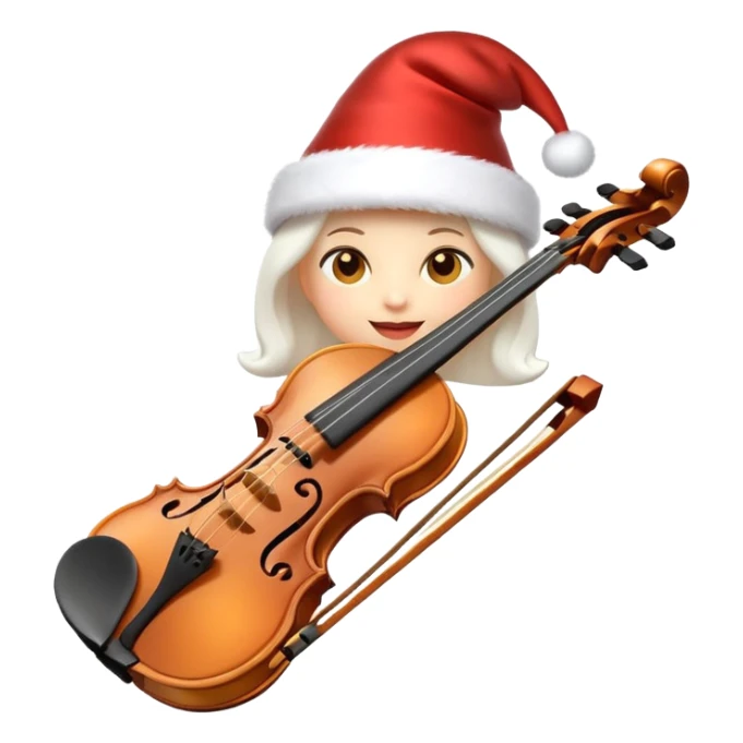 A sleek, elegant, pure white animated violin emoji wearing a festive New Year hat on top, sparkling details, soft glow, premium cartoon style, high resolution, 3D-like shading, cheerful and cute, perfect for Telegram sticker or emoji, minimalistic background sticker