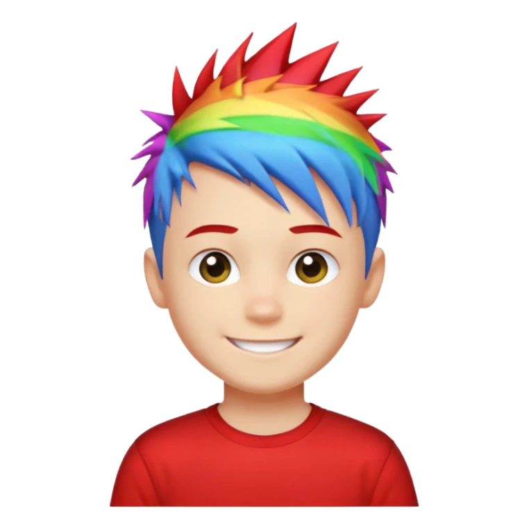 Boy with rainbow streaks — short spiky hair glowing under light, red T-shirt sticker