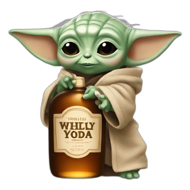 baby Yoda holding up a bottle of whiskey sticker