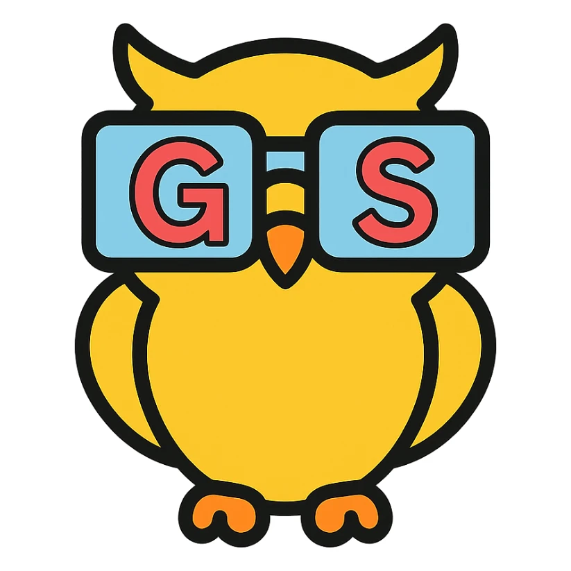 owl wearing glasses with GGS wording, color outline icon style sticker