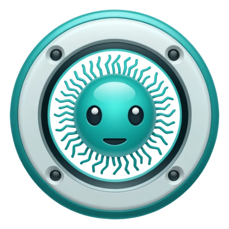 Emoji-style icon showing a virus or germ being scanned by an AI vision frame or camera lens, representing image-based disease detection. Clean, modern, rounded emoji design, clear at small sizes, teal and white accents, no text, transparent background. sticker
