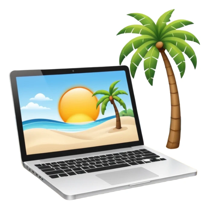 A minimalist emoji-style icon representing workation: An open laptop in the foreground on the beach. Background shows sea, sun, and a palm tree. No people, no text, clean and simple design like an emoji. sticker