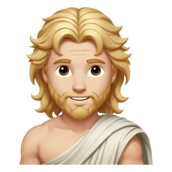 Cinematic Realistic Thor Portrait, head tilted playfully and inquisitively, showcasing his classical Greek god allure with a relaxed, yet commanding presence. His fair, radiant skin and flowing, wavy golden hair are highlighted by a gentle smile and twinkling, approachable eyes. Clad in a gracefully draped white toga with subtle golden embellishments, he exudes a lighthearted yet powerful charm under soft, natural lighting. sticker