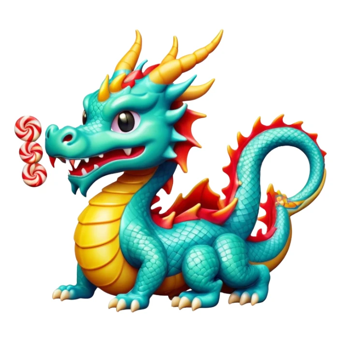 Beijing sugar-blown animal figurines traditional craft candy, simplified emoji style with bold outlines and bright colors, cartoon style dragon shaped sugar art sticker