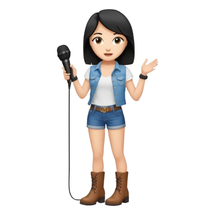 Crie uma cantora morena charmosa de shortes top e bota com microfone branca e cabelo preto sticker