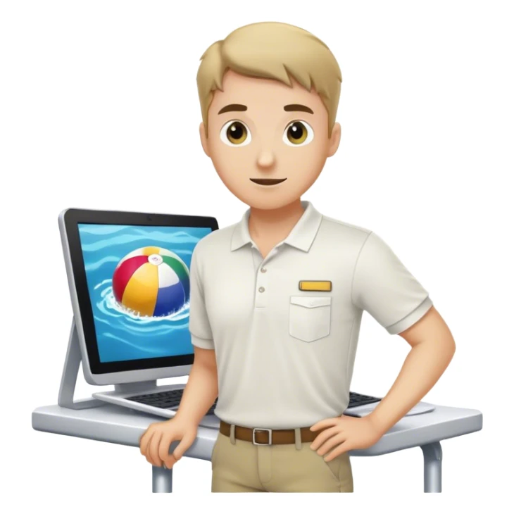 Pool attendant supervisor. white polo shirt. khaki shorts. on the computer sticker