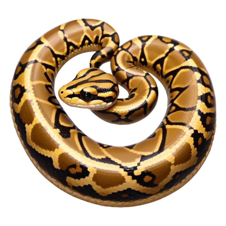 A photo-realistic top-down view of a Ball Python gently coiled into a tight spiral, with its head resting peacefully at the center. Its scales are warm brown with bold, irregular black markings, including the distinctive “alien-head” pattern, flowing smoothly along its body.  sticker