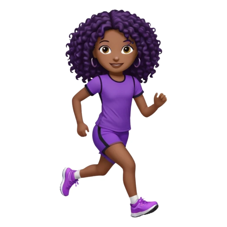 Uma boneca morena escura com olhos castanhos e cabelo cacheado longo preto até o peito, treinando correndo a roupa top roxo com detalhes preto e short roxo com detalhes preto sticker