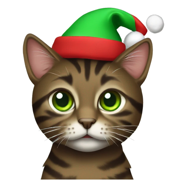 Dark brown tabby cat with green eyes wearing Christmas hat sticker