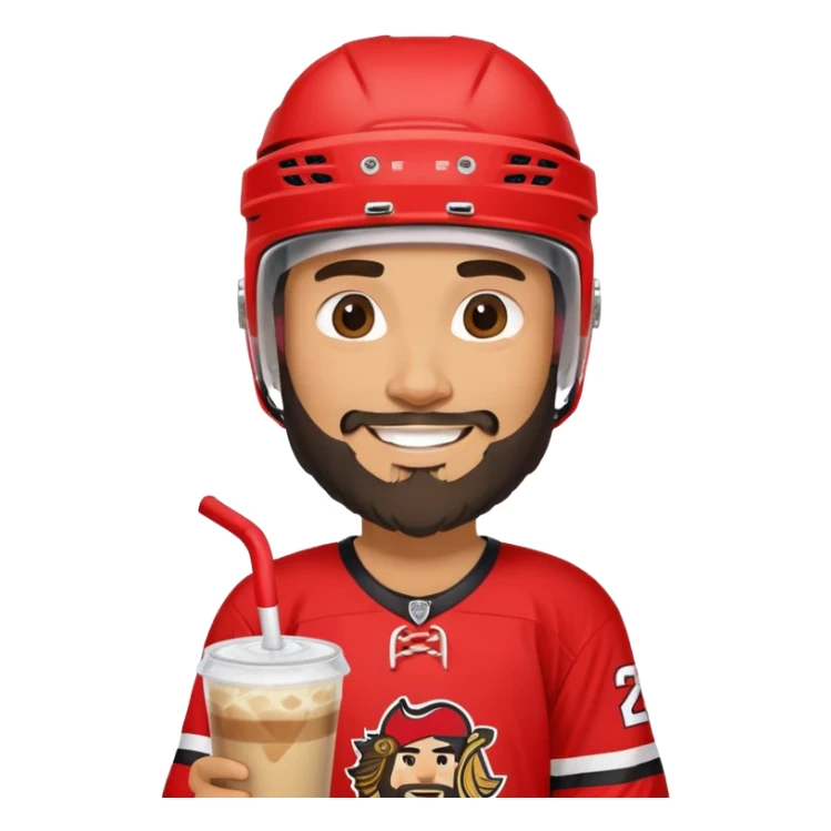 hockey player with a beard with iced coffee in red and black jersey wearing a hockey helmet smiling missing teeth  sticker