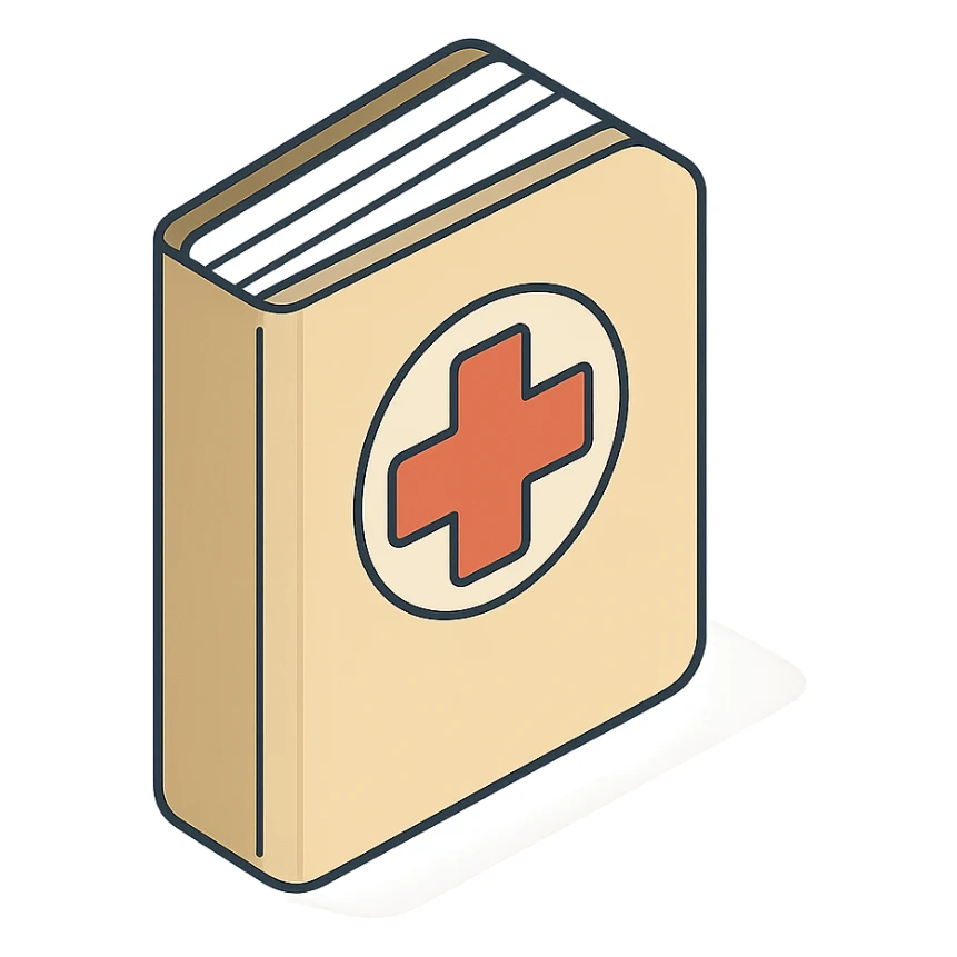 medical record with red cross on cover, 2D isometric style, very detailed drawing, shadows and highlights, clean contours, soft lighting, transparent background sticker