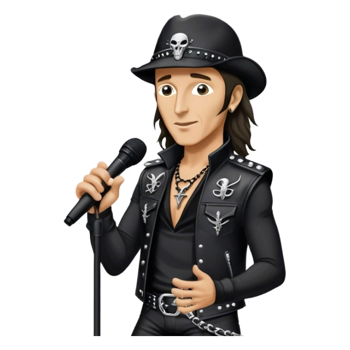 Icon for Rock Music: Klaus Meine holds a microphone stand in his hands performing with Scorpions on stage, with powerful stage presence. The vibe should capture the energetic and iconic sound of Scorpions, with vibrant lighting and a stadium atmosphere. Transparent background. sticker