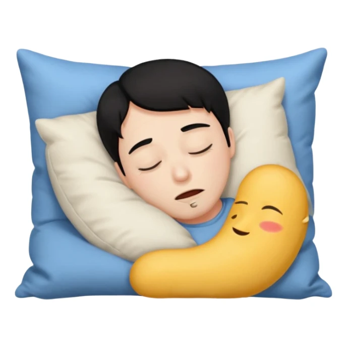 man with black hair drooling while sleeping with his head on a pillow, emoji style sticker