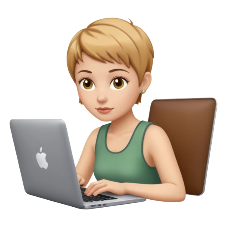 macbook pro white woman pixie haircut light brown hair hazel eyes playing computer games sticker