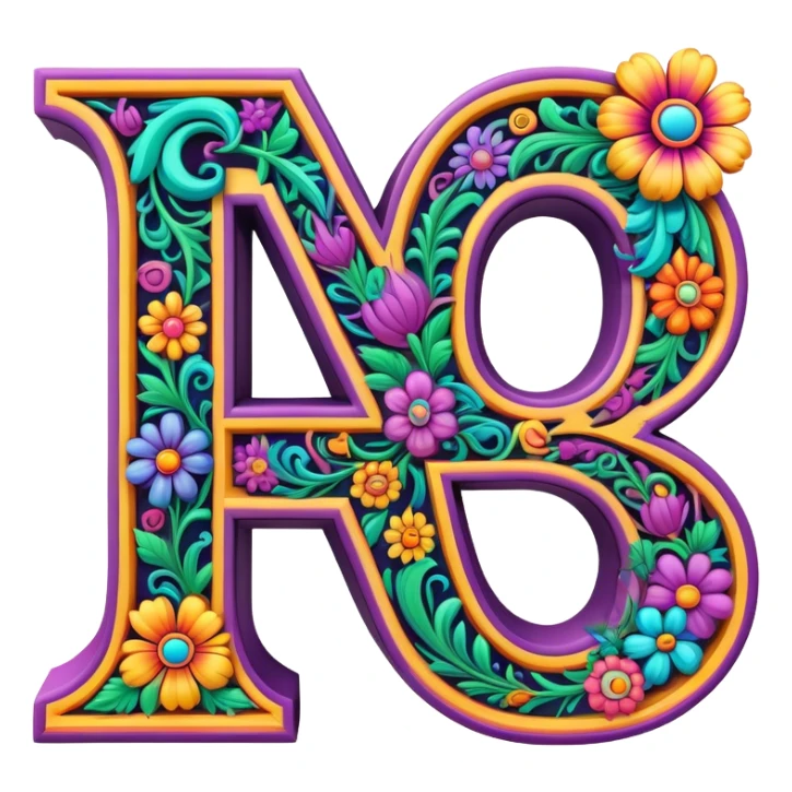 3D, gothic style psychedelic colored capital Letter Q with hippie style flower border sticker