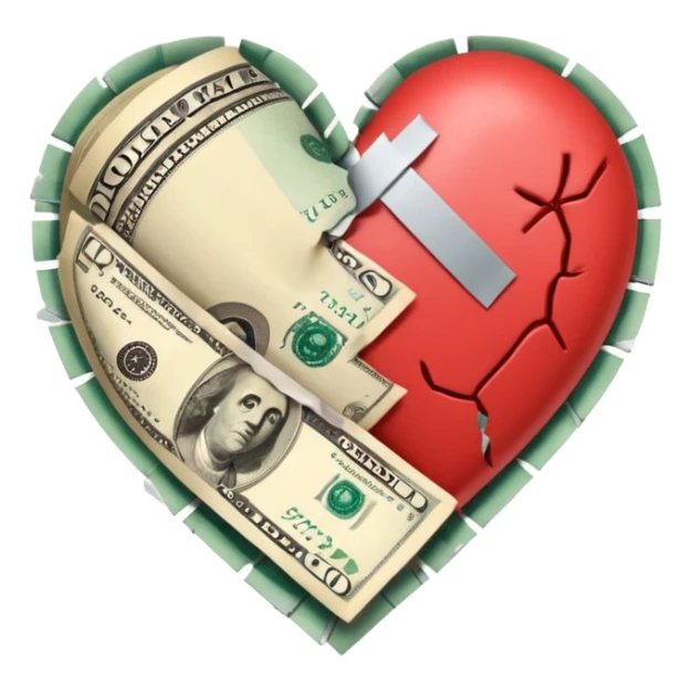 A broken heart glued together by dollars sticker