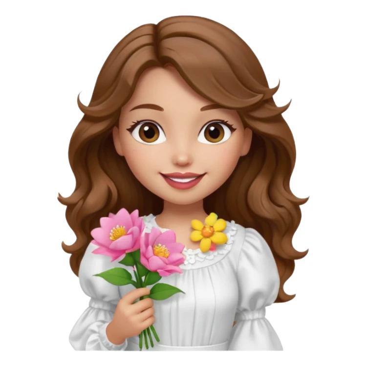 generate a pretty bratz girl with in a white puff sleeve top.  light lipgloss on . Brown wavy hair long. carrying flowers  sticker