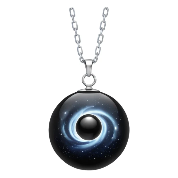floating black onyx orb with a pure silver aura, cosmic particles swirling around it, silver chain floating midair like starlight sticker