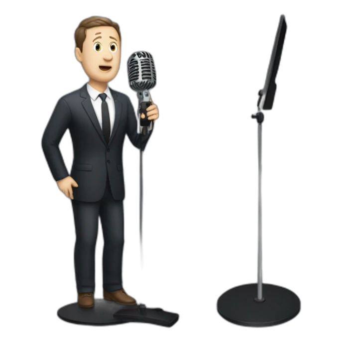tim robinson in suit singing into microphone stand holding stand (full body, ios17, somber) sticker
