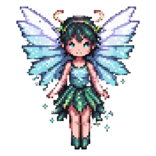 pixel art fairy with sparkling wings, floating sticker