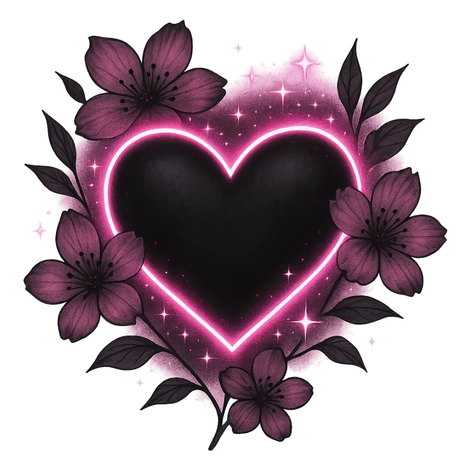 goth sakura black heart with glowing pink outline and magical sparkles, remove background sticker