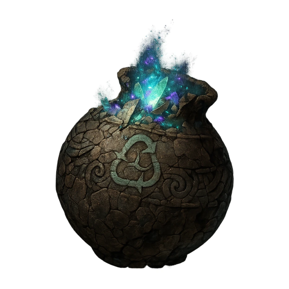 Create an Elden Ring Cracked Pot style recycle bin icon, full. The pot should look ancient and cracked, inspired by the reference image, with a subtle recycle symbol or magical rune, and filled with glowing magical debris or mystical trash. The style should reflect the Elden Ring cracked pot aesthetic. 1080 x 1080, transparent background. sticker