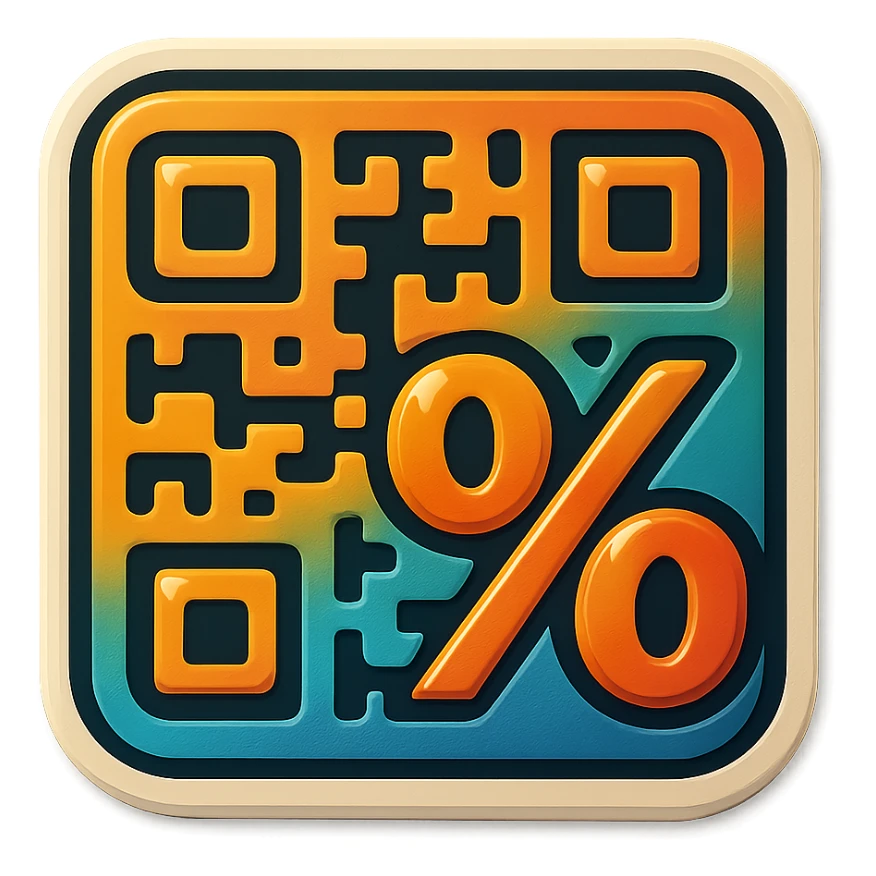 badge featuring a QR code that integrates a large percent sign (%) within it sticker
