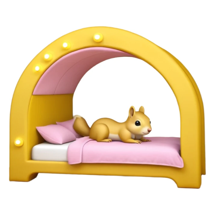 The features a bed themed as a large, cheerful, yellow squirrel. The squirrel's head forms an archway over the bed, with large black eyes, a small pink nose, and prominent white cheeks. The bed frame and arch are bright yellow with integrated yellow LED lighting running along the curves.  sticker